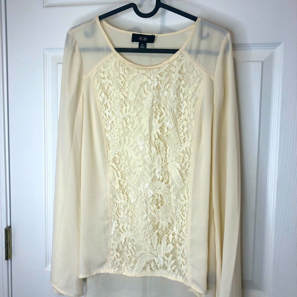 AGB sheer lace long sleeve high low blouse top, size medium